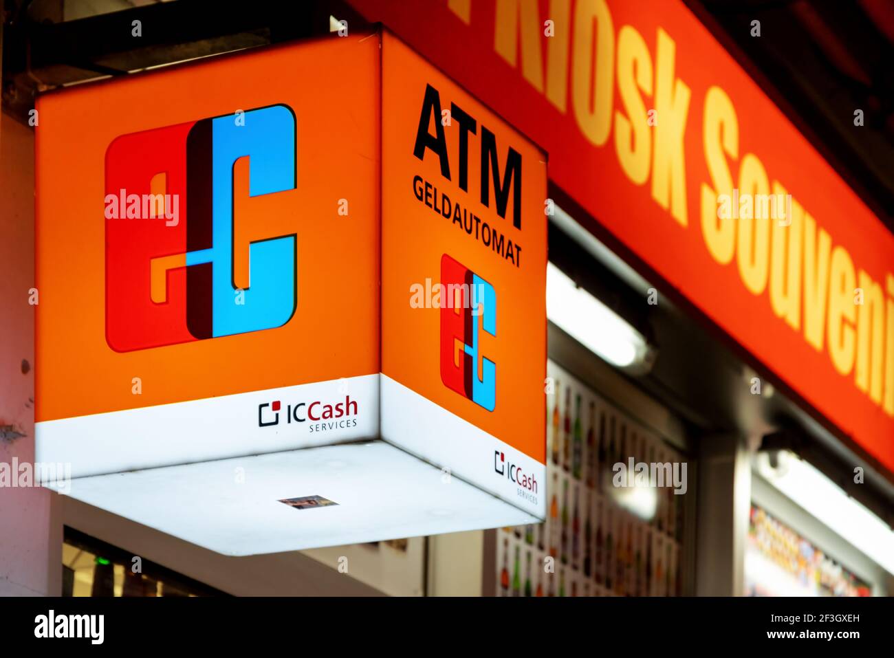 ATM Geldautomat. Branch logo of Euro Cash . Euro Cash, Girocard is an interbank network and debit card service connecting virtually all German ATMs an Stock Photo