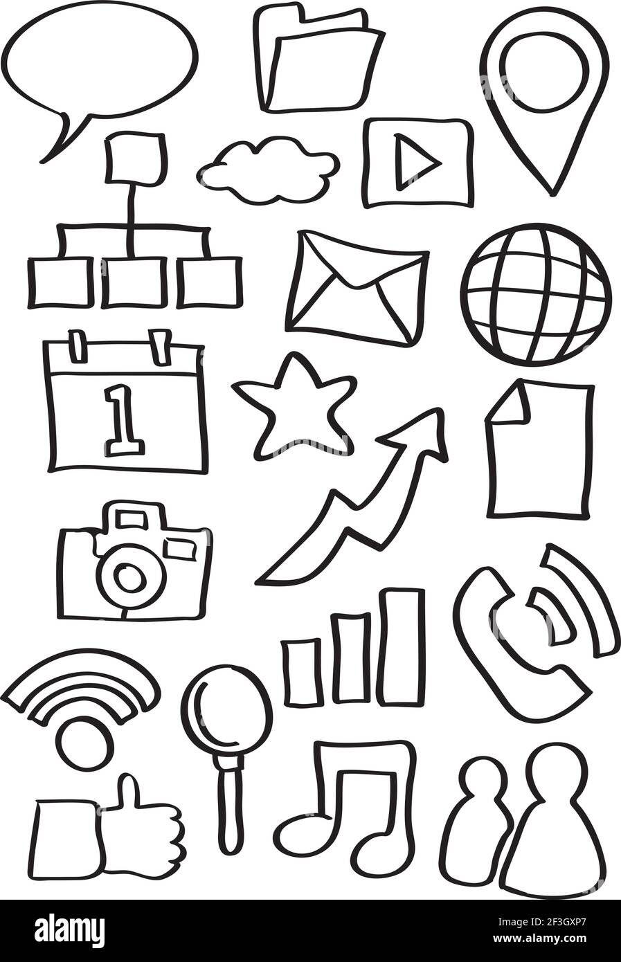 Vector illustration of internet icons in black outline doodle cartoon ...