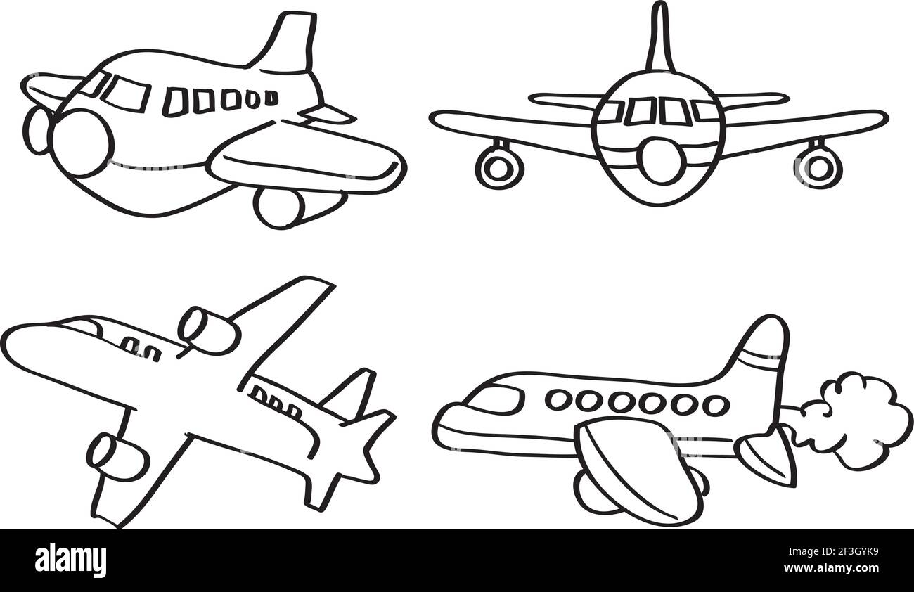 Set of four vector outline illustration of cartoon airplane in different perspective views isolated on white background. Stock Vector