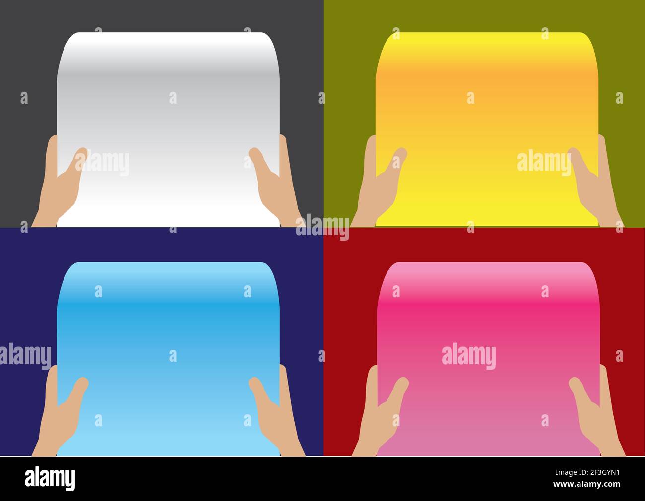 Set of four vector layout design templates with illustrations of two hands holding blank paper scroll in reading position against different colored ba Stock Vector