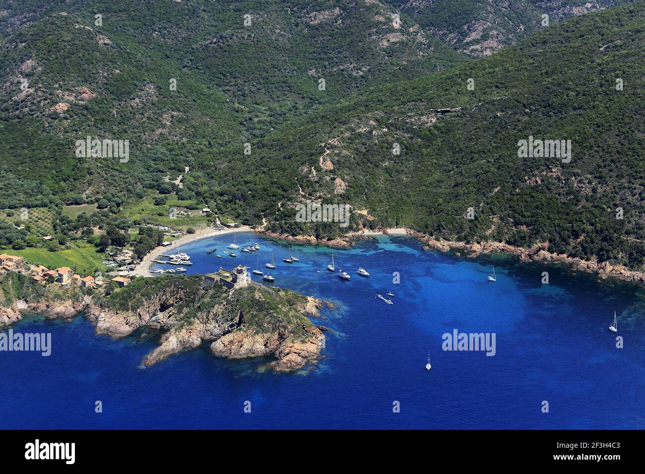 Corsica, Osani: aerial view of motorboats lying at anchor and facing the beach of Focaghia, small hamlet of Girolata only accessible by sea, in the Sc Stock Photo