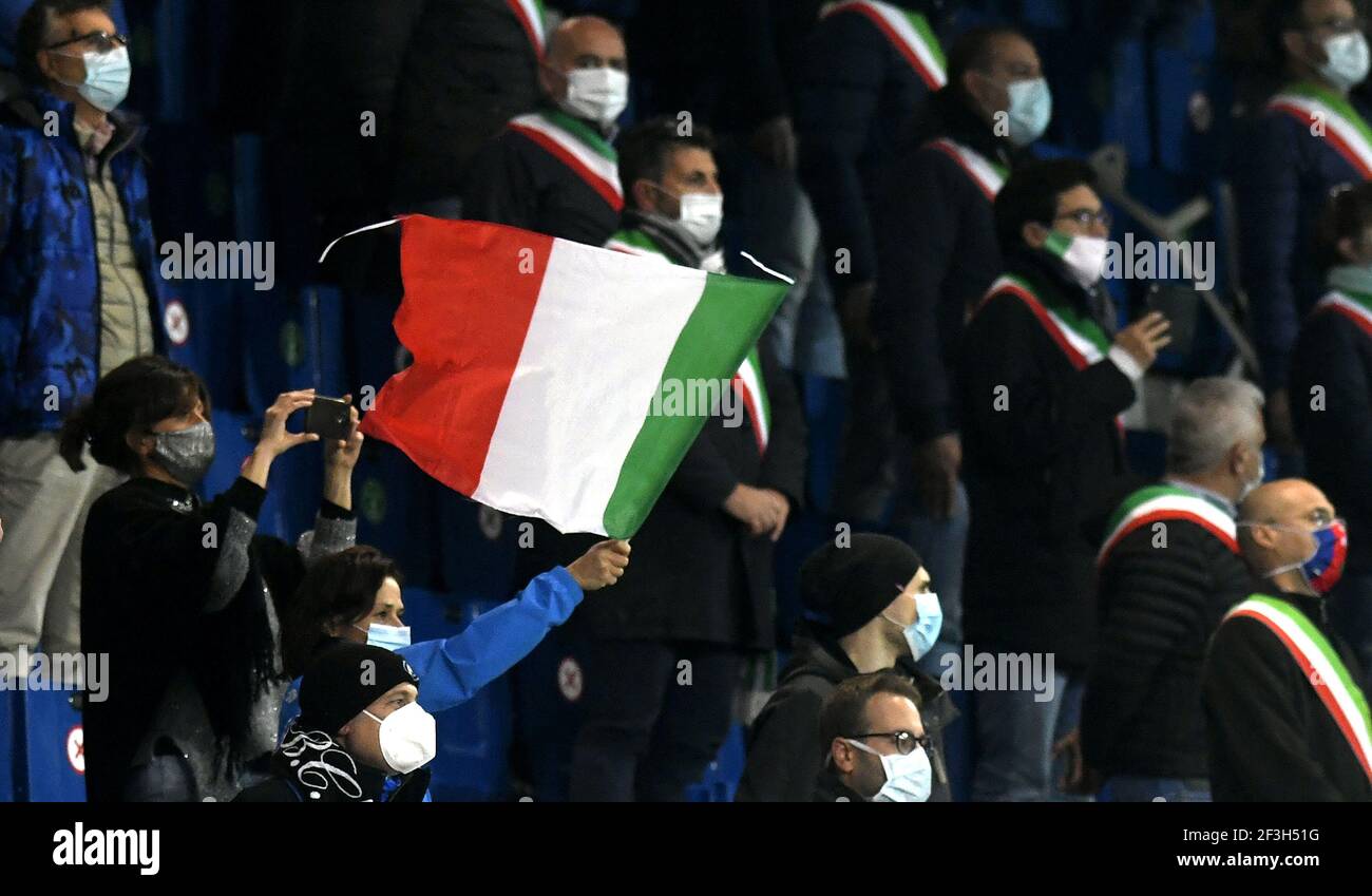Italian national flag is seen at the Gewis stadium, during the Nations League's match Italy vs Netherlands, in Bergamo. Stock Photo