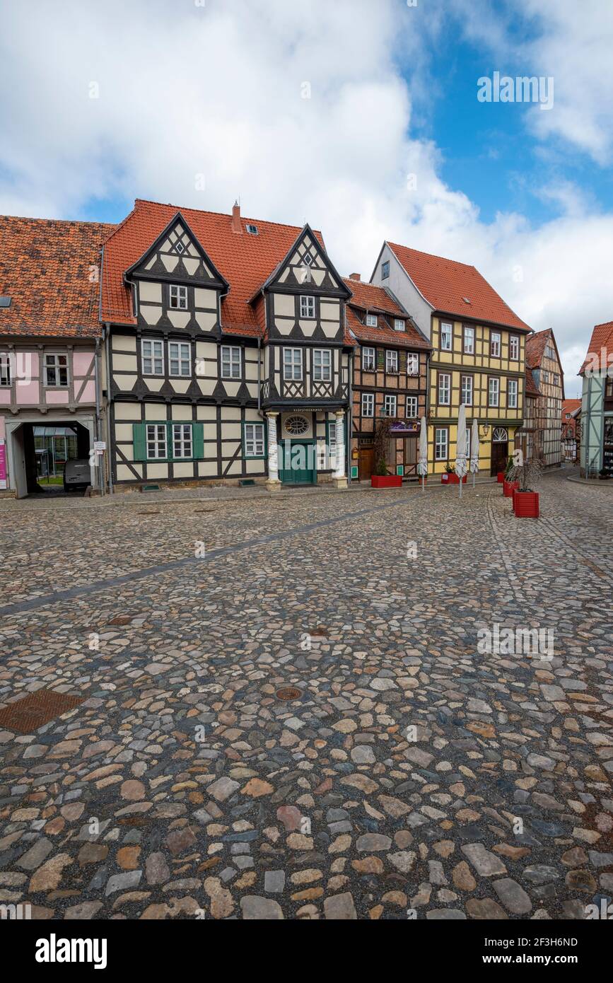 Germany, Saxony-Anhalt, Quedlinburg, Klopstock House and other half-timbered houses on the Schlossberg, World Heritage City of Quedlinburg. Stock Photo