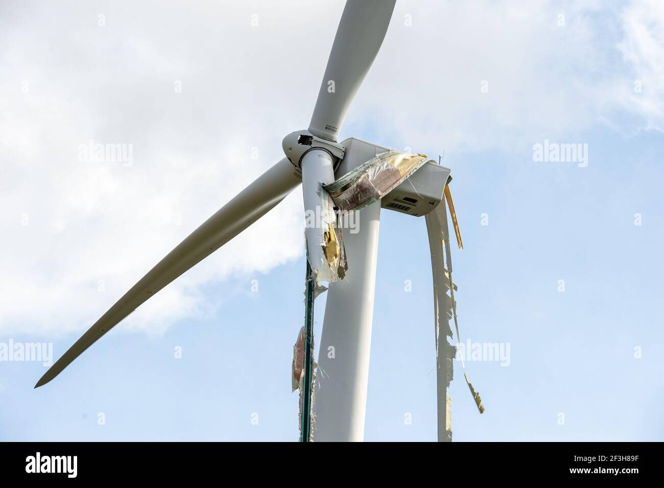 A broken wind turbine at EDF Energy's Park Springs site in Barnsley
