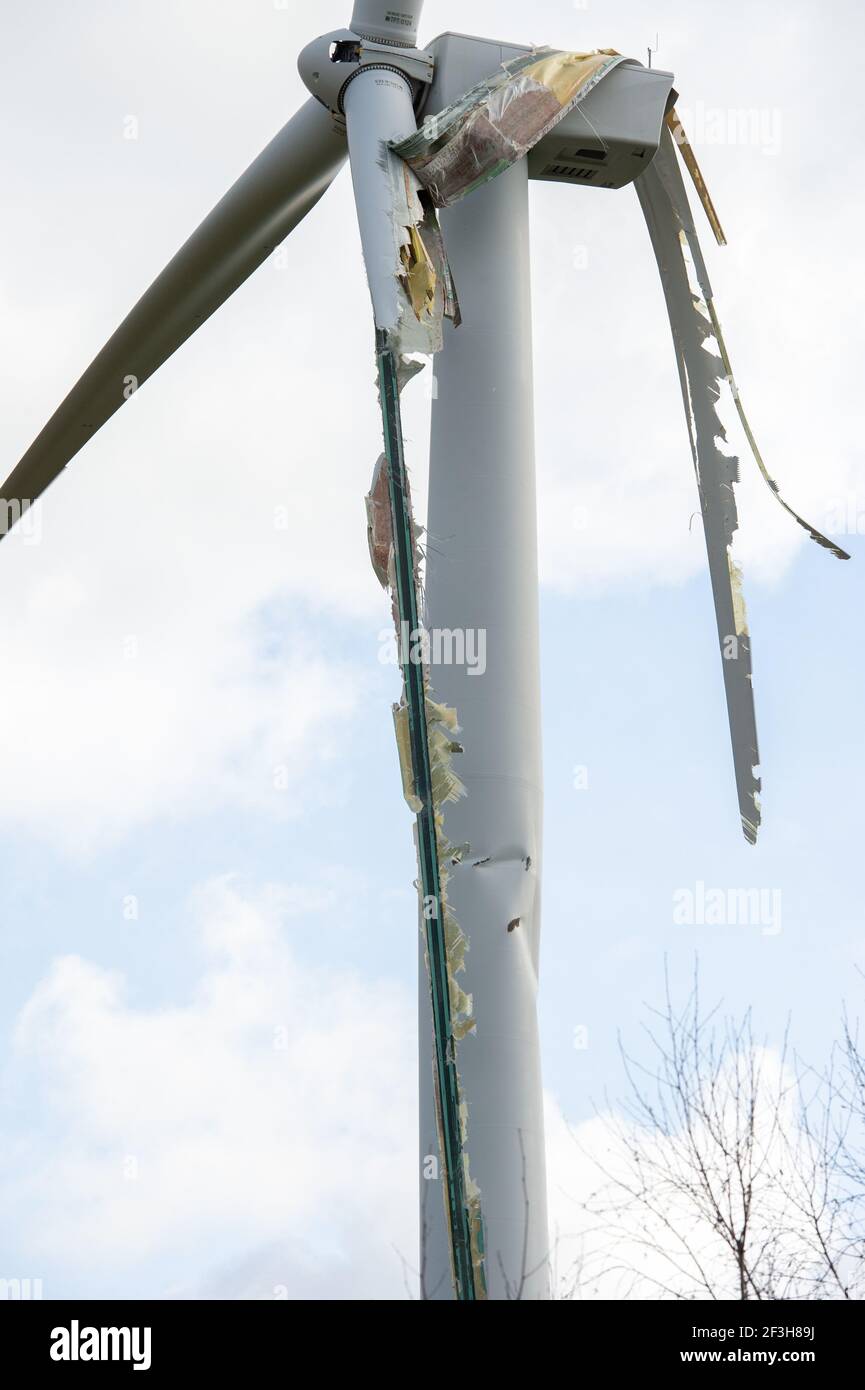 A broken wind turbine at EDF Energy's Park Springs site in Barnsley
