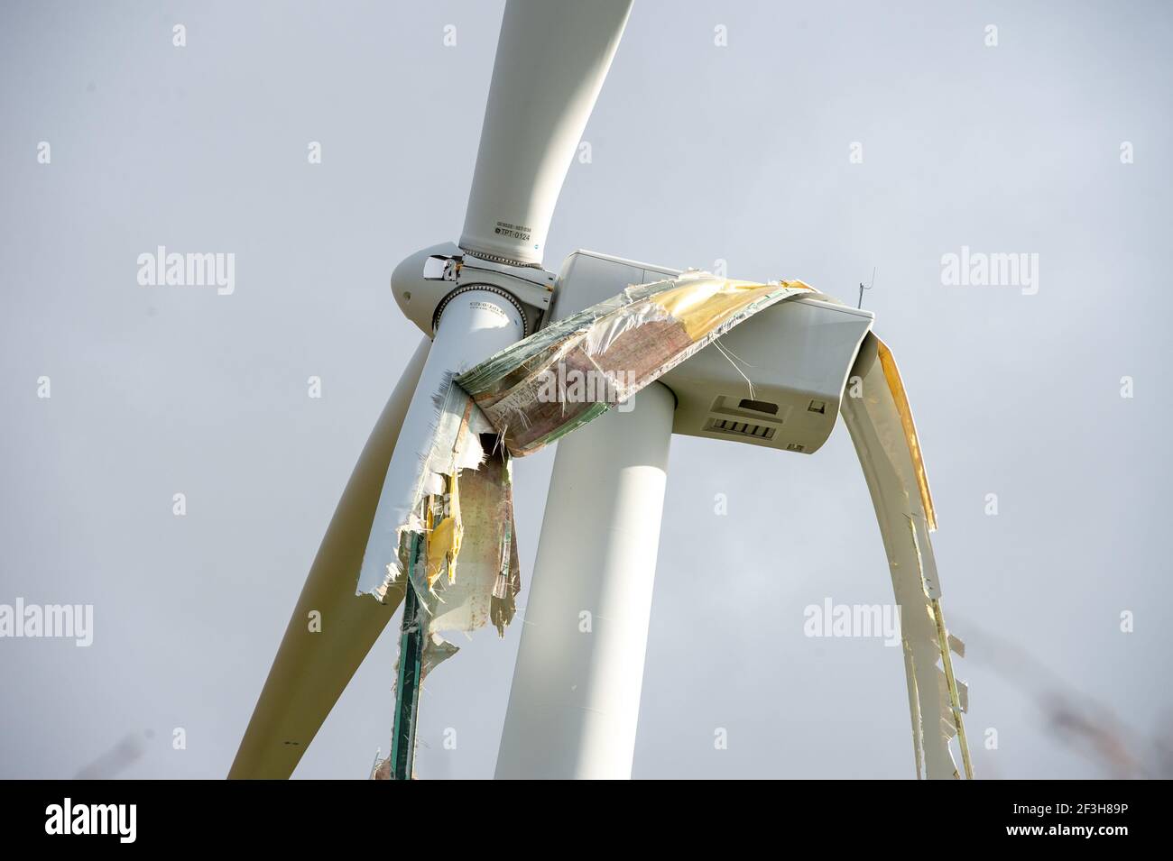 A broken wind turbine at EDF Energy's Park Springs site in Barnsley