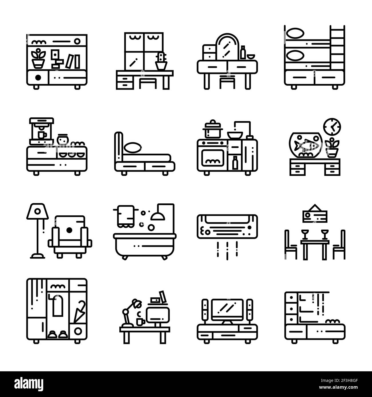 Set of furniture interior icons. Linear style isolated illustrations. Stock Vector