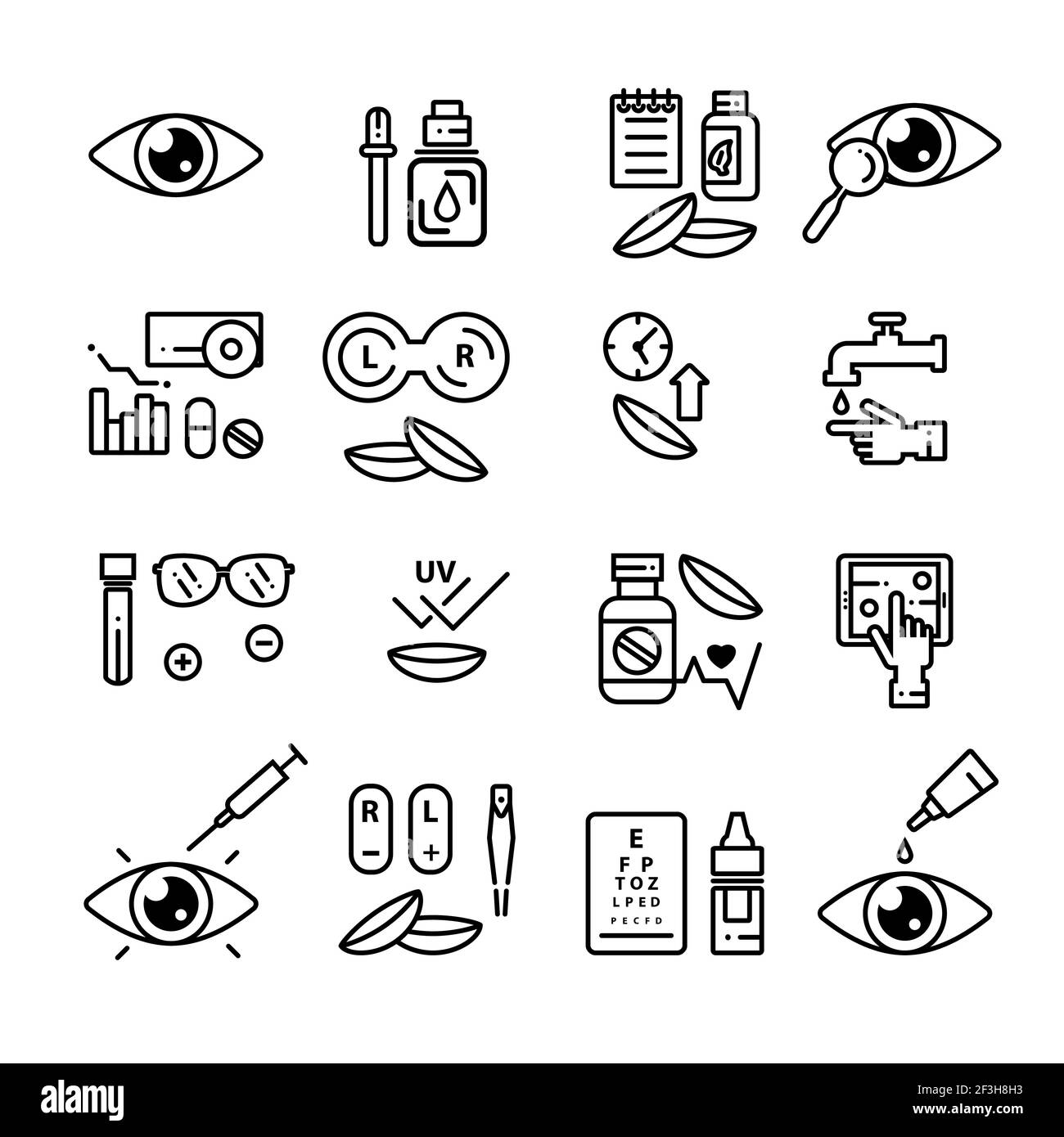 Set of vector contact lens and ophtalmology linear icons. Isolated outline  illustrations. Stock Vector