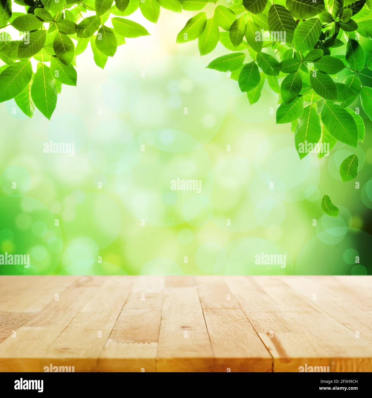 Wood table top with bokeh green nature abstract background Stock Photo ...
