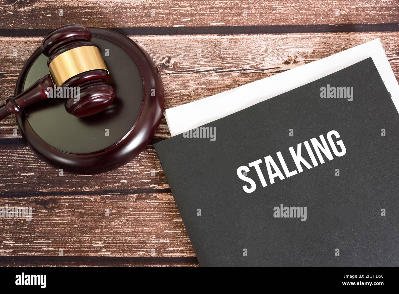 Court, judge gavel and stalking files Stock Photo