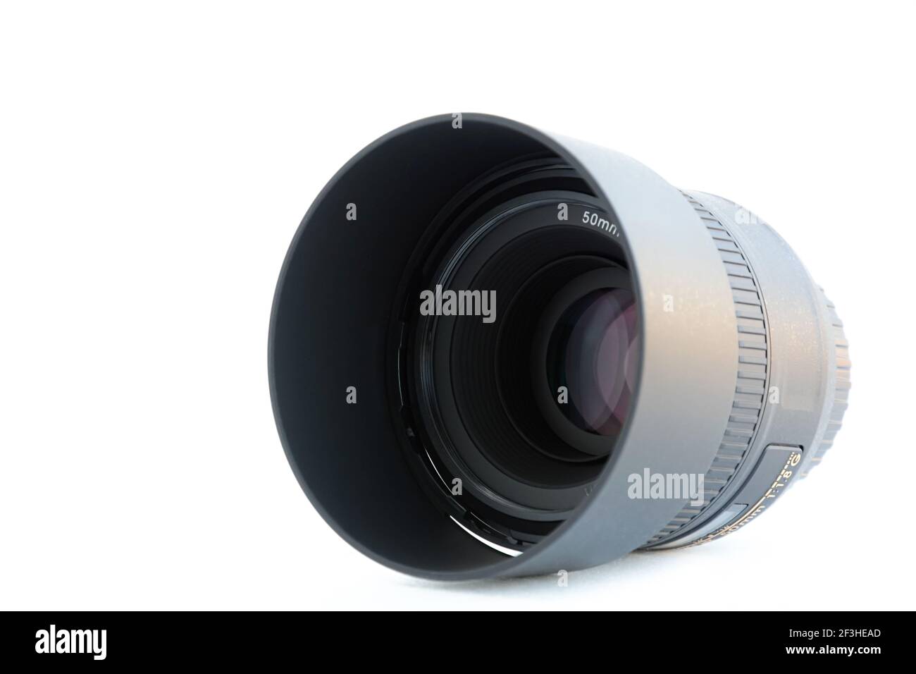 50 mm DSLR camera lens - isolated on white background Stock Photo