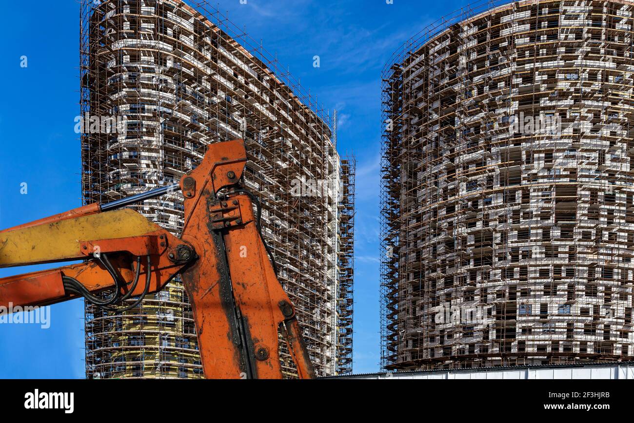 Part of a construction machine (excavator or crane) with multi-storey ...