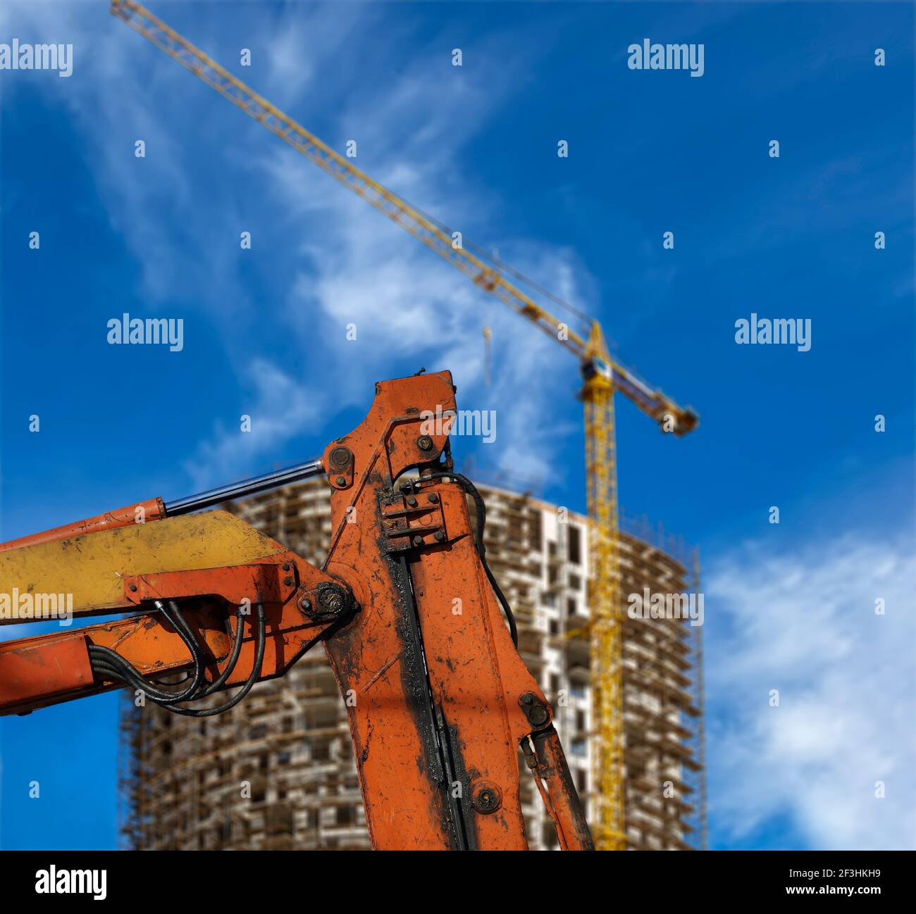 Part of a construction machine (excavator or crane) with multi-storey ...
