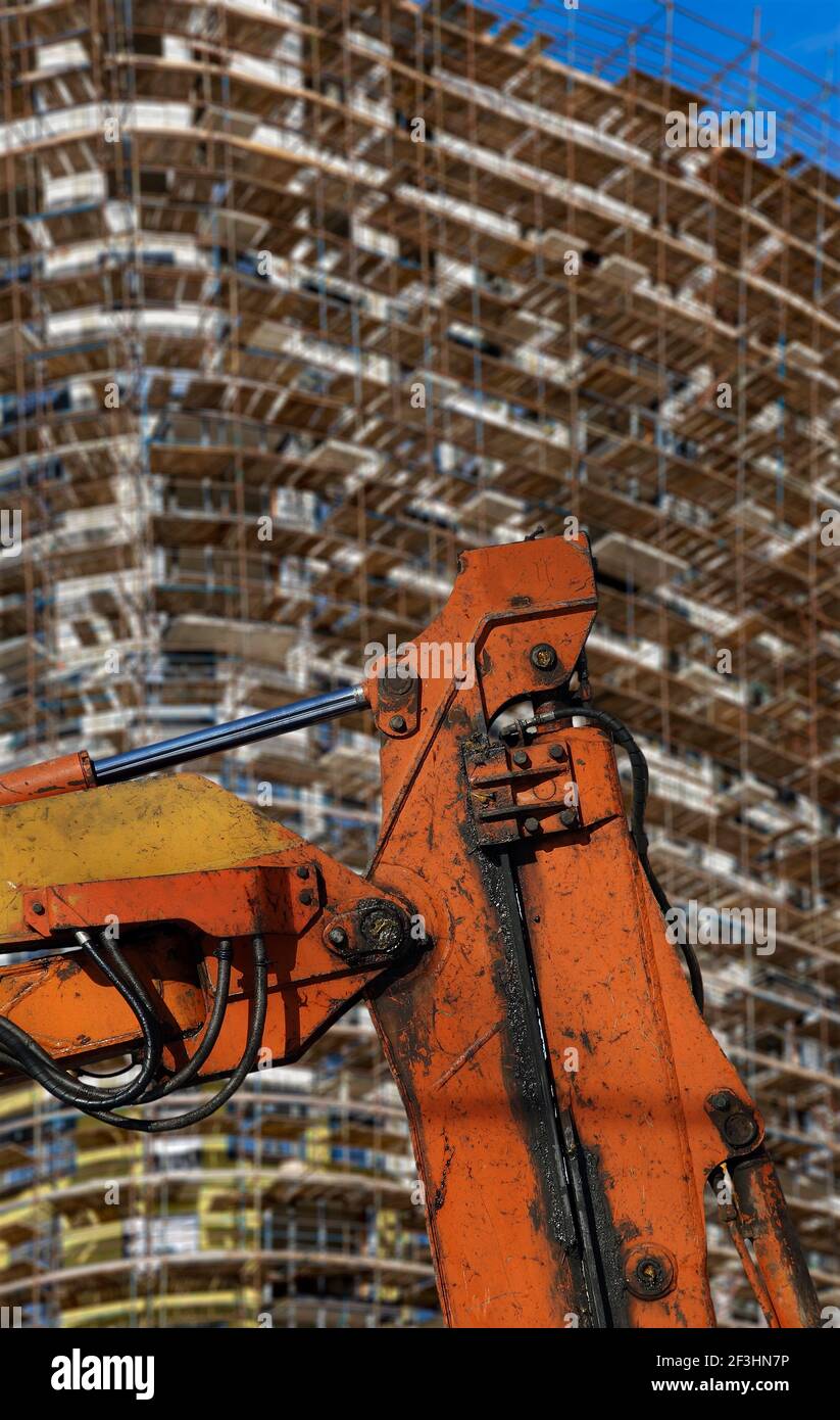 Part of a construction machine (excavator or crane) with multi-storey ...