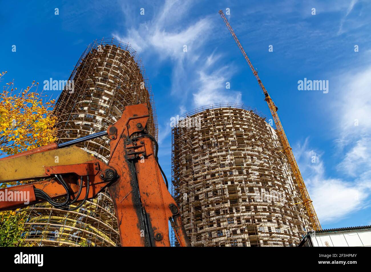 Part of a construction machine (excavator or crane) with multi-storey ...