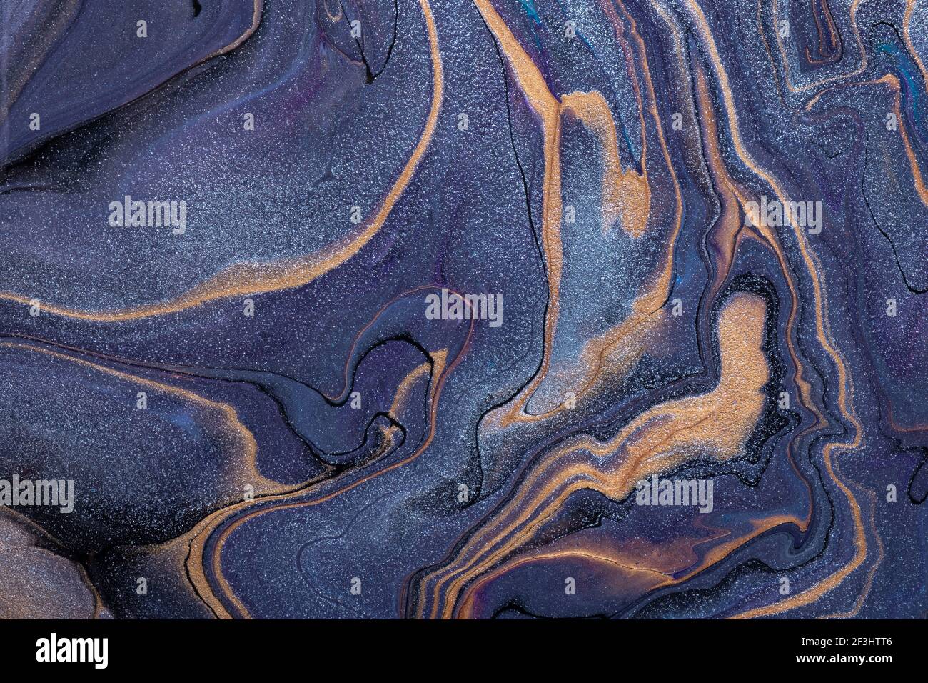 Abstract fluid art background navy blue and bronze colors. Liquid marble. Acrylic painting on canvas with golden lines and gradient. Alcohol ink backd Stock Photo