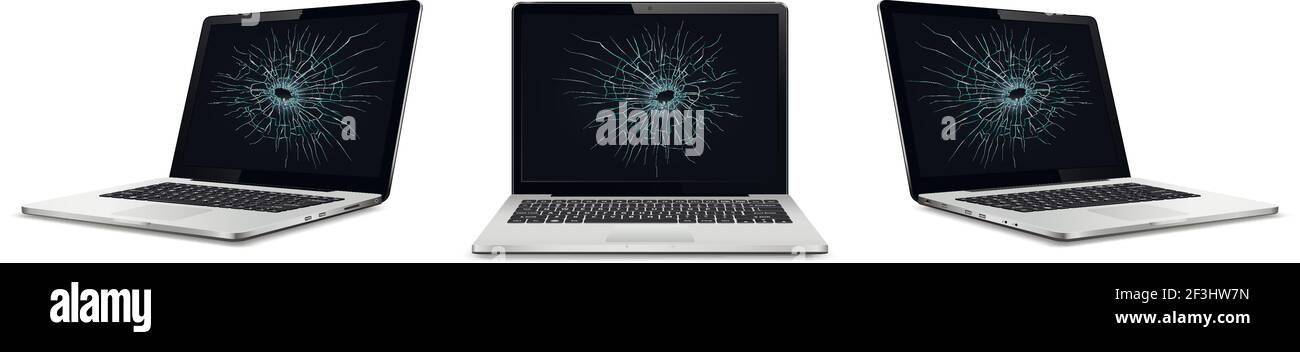 Laptop mock up with broken screen isolated Stock Vector