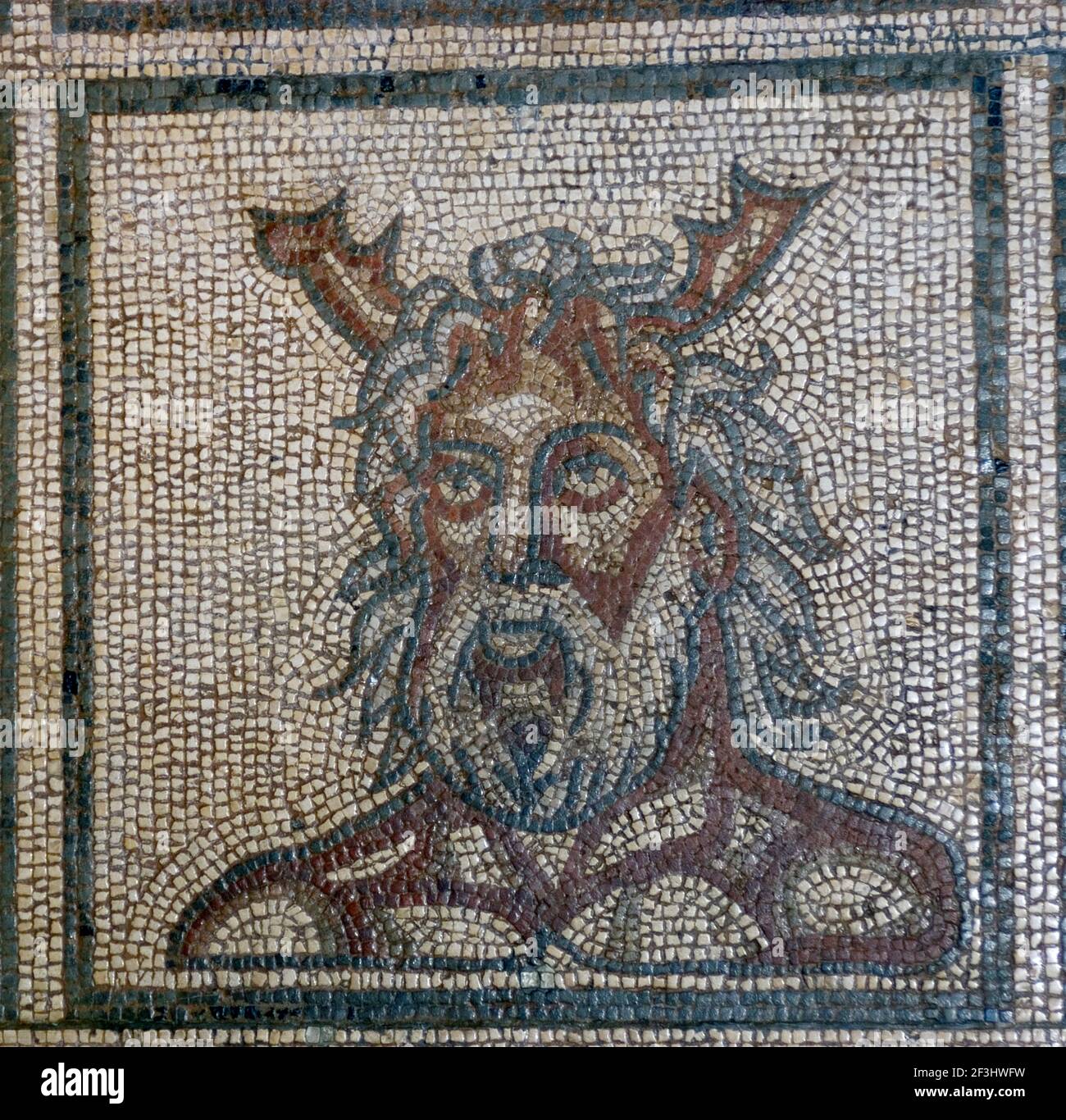 Detail of Roman mosaic of the god Oceanus, Verulamium Museum, St Alban's, Hertfordshire, England | NONE | Stock Photo