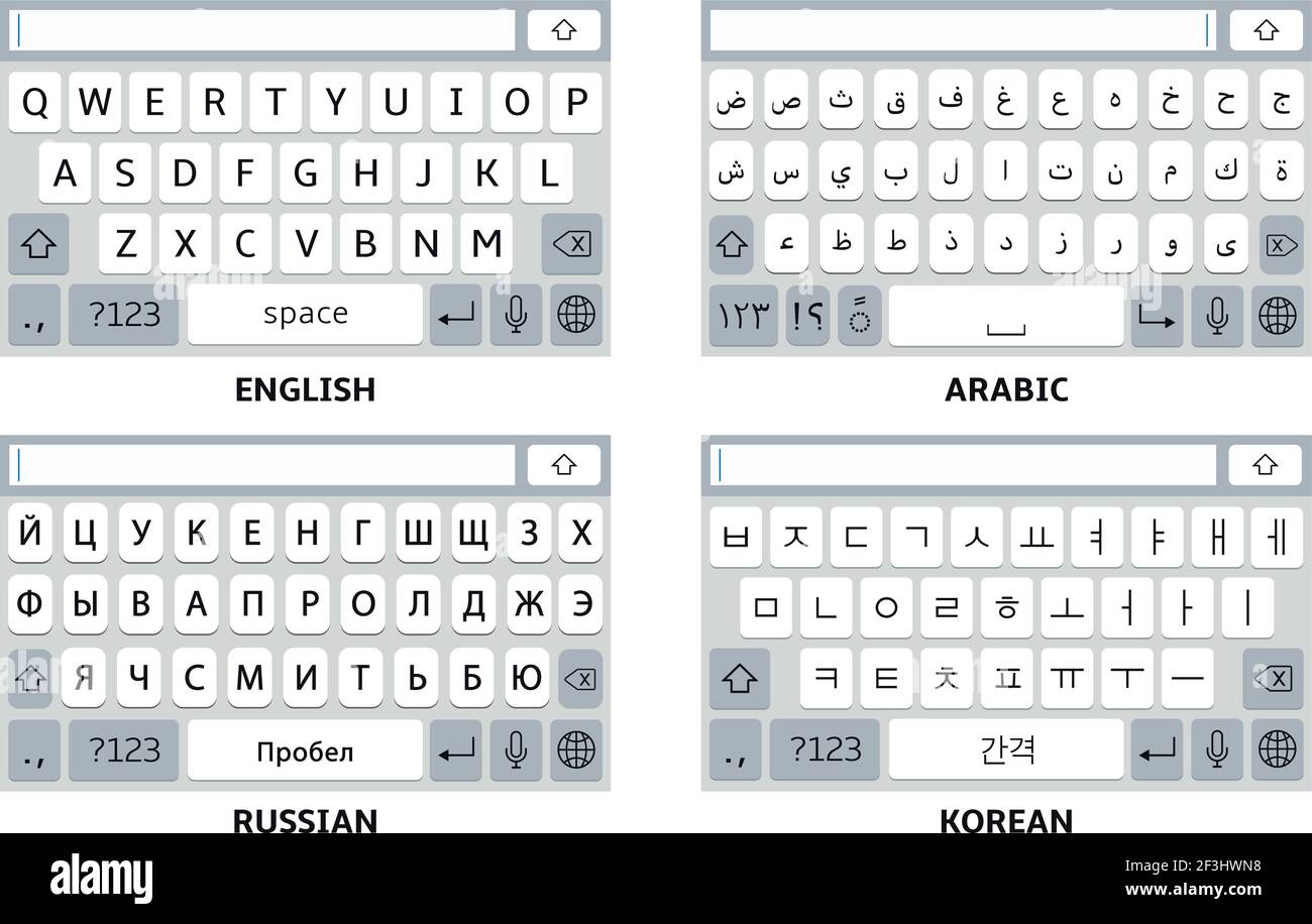 English, Arabic, Korean, Russian smartphone virtual keyboard set. Stock Vector