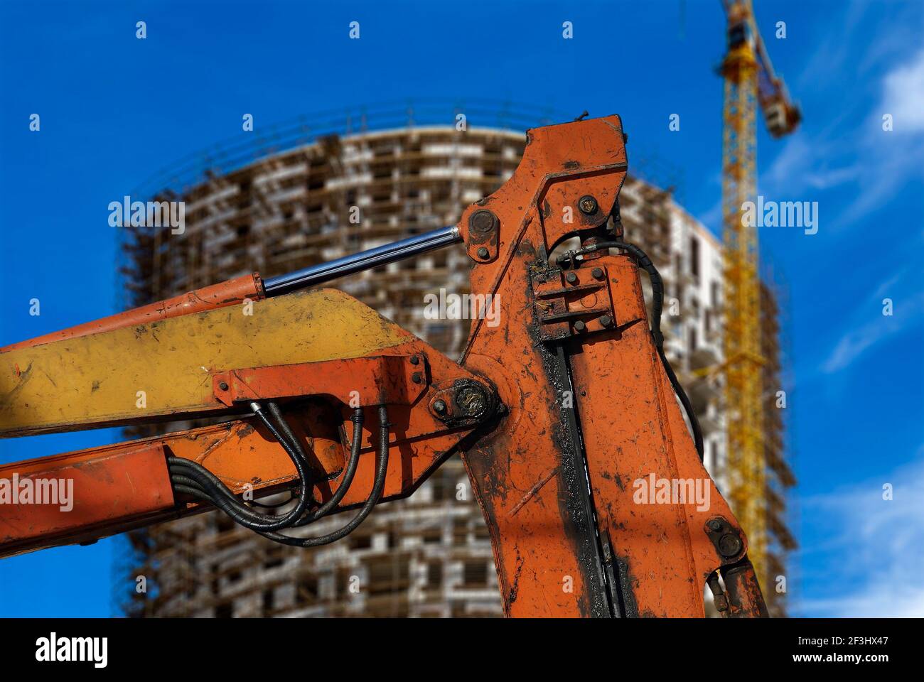 Part of a construction machine (excavator or crane) with multi-storey ...