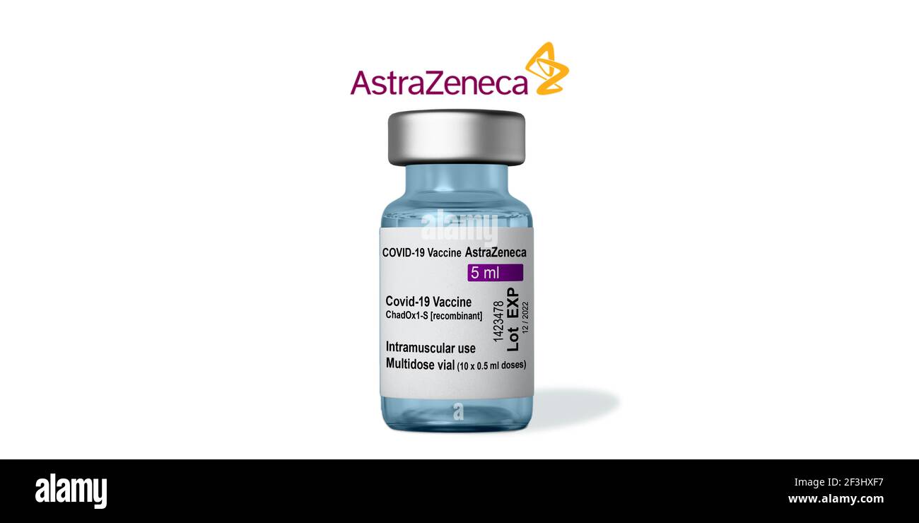 Marseille, France - Mars 16, 2021: AstraZeneca COVID-19 vaccine -Coronavirus Vaccine on Vial - Banner design with copy space Stock Photo
