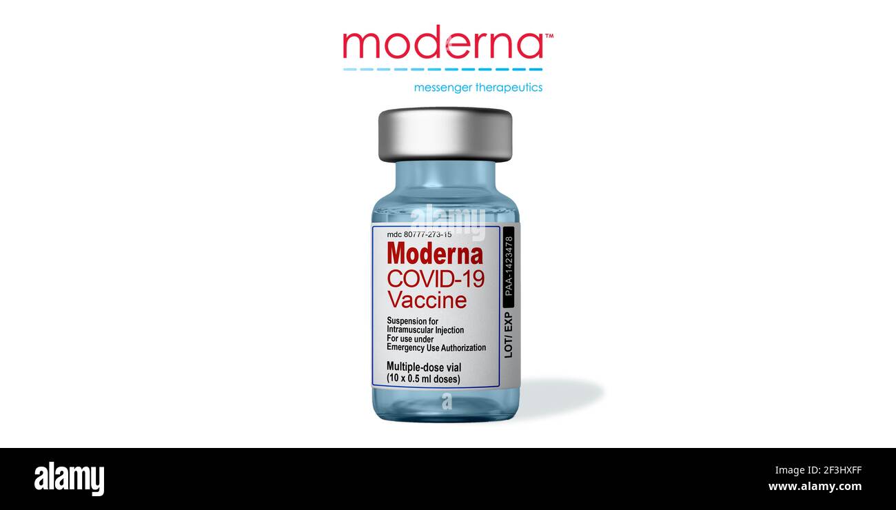 Marseille, France - Mars 16, 2021: Moderna Inc COVID-19 vaccine - Coronavirus Vaccine on Vial - Banner design with copy space Stock Photo
