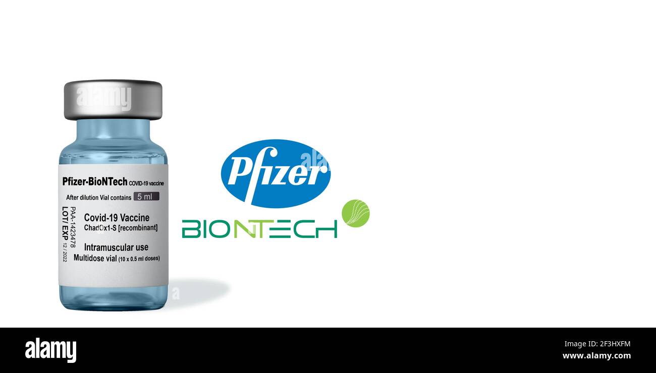 Marseille, France - Mars 16, 2021: Pfizer and Biontech COVID-19 vaccine - Coronavirus Covid-19 Vaccine on Vial - Banner design with copy space Stock Photo