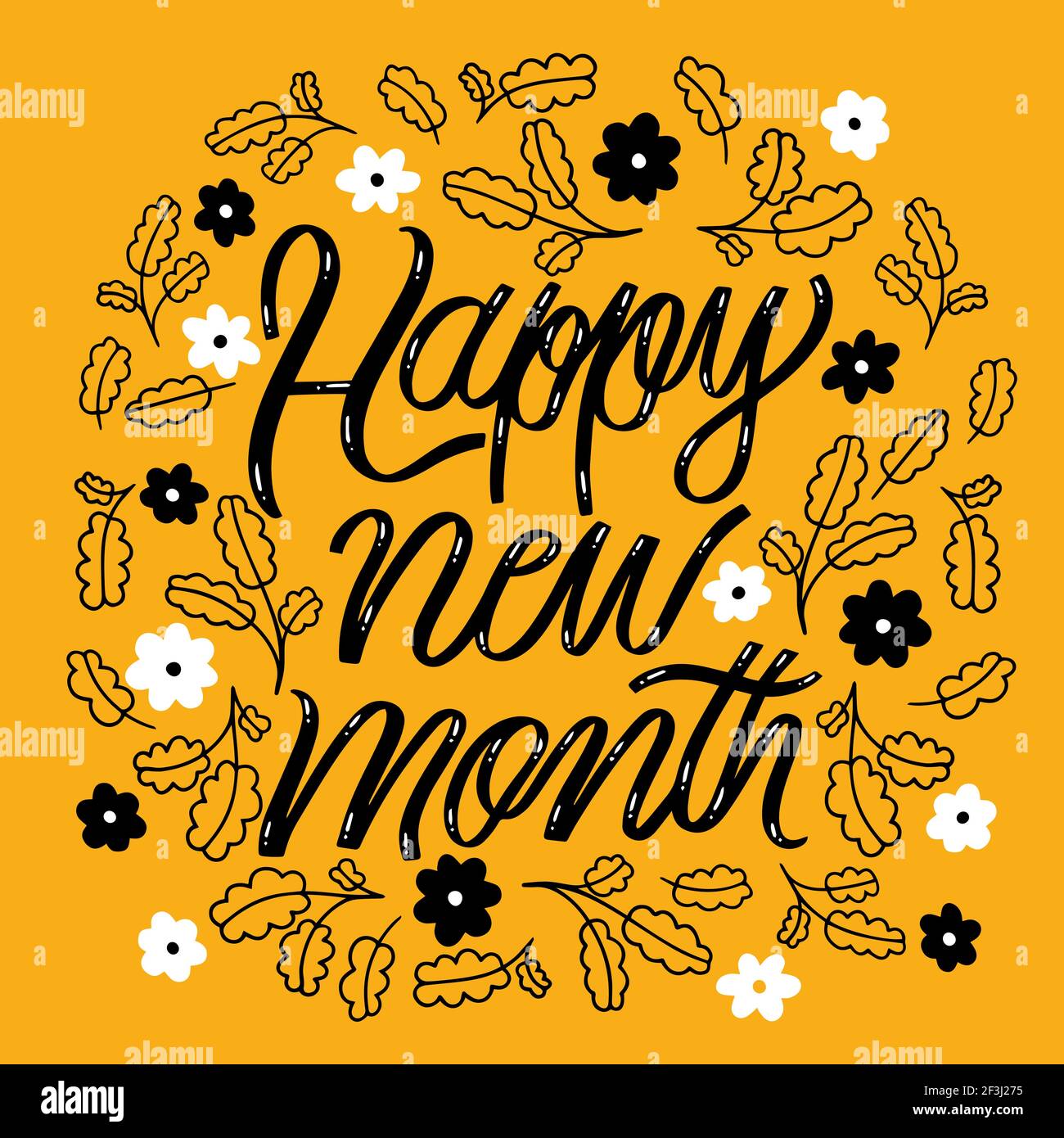 Happy new month lettering with hand drawn elements Vector illustration