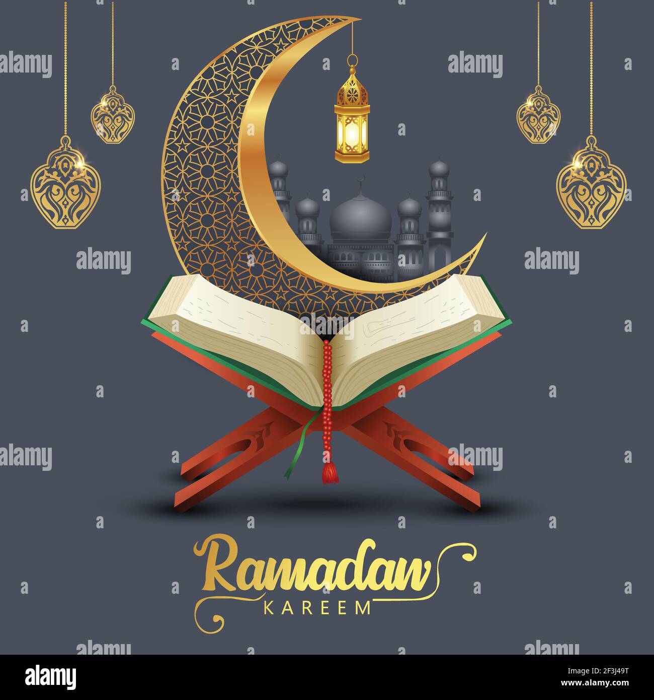 ramadan kareem greetings with Quran and wooden stand, patterned half moon.  vector illustration design Stock Vector Image & Art - Alamy