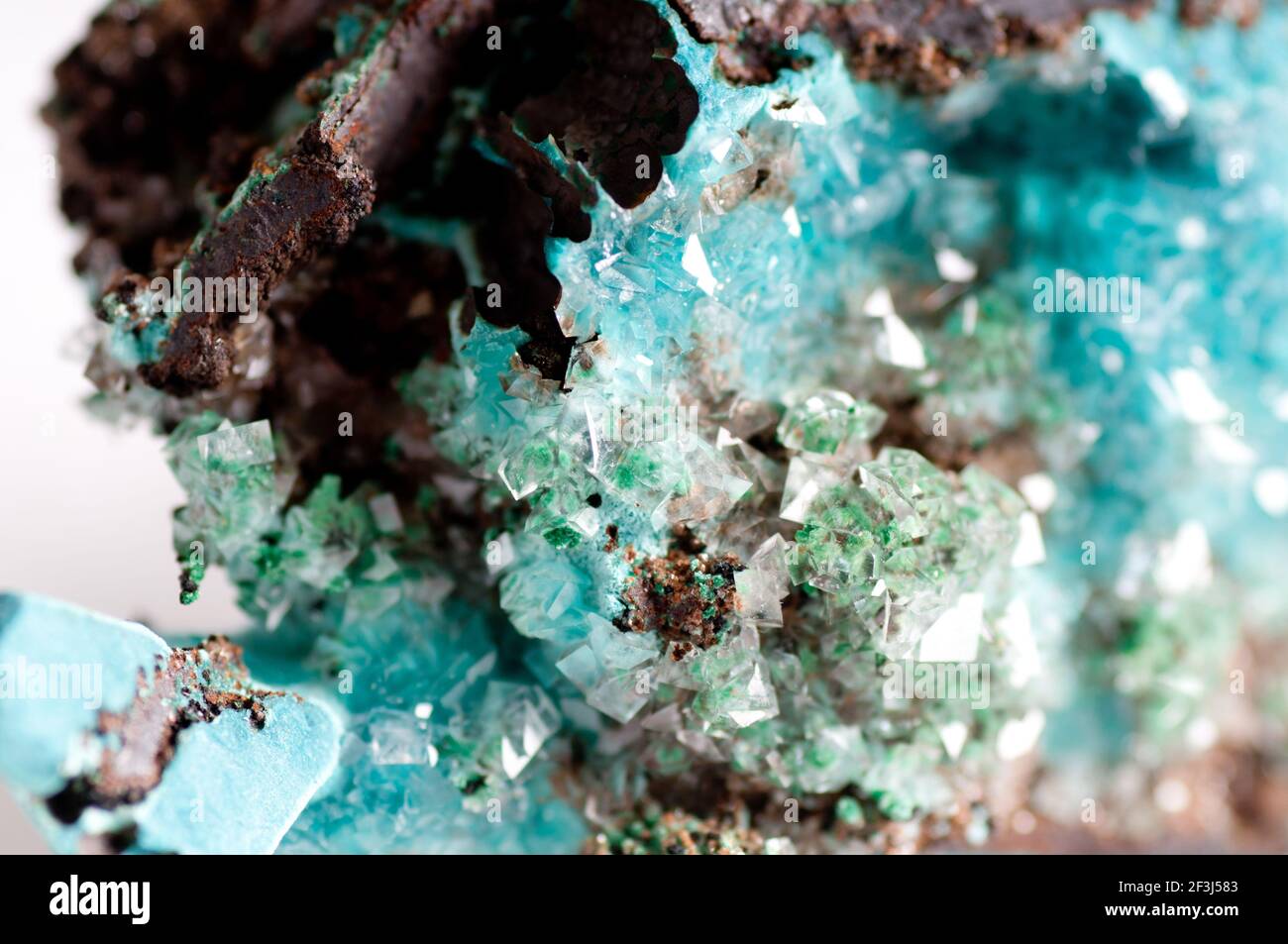 vibrant blue rosasite and calcite crystal mineral sample on granite ...