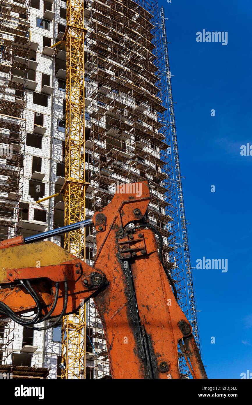 Part of a construction machine (excavator or crane) with multi-storey ...