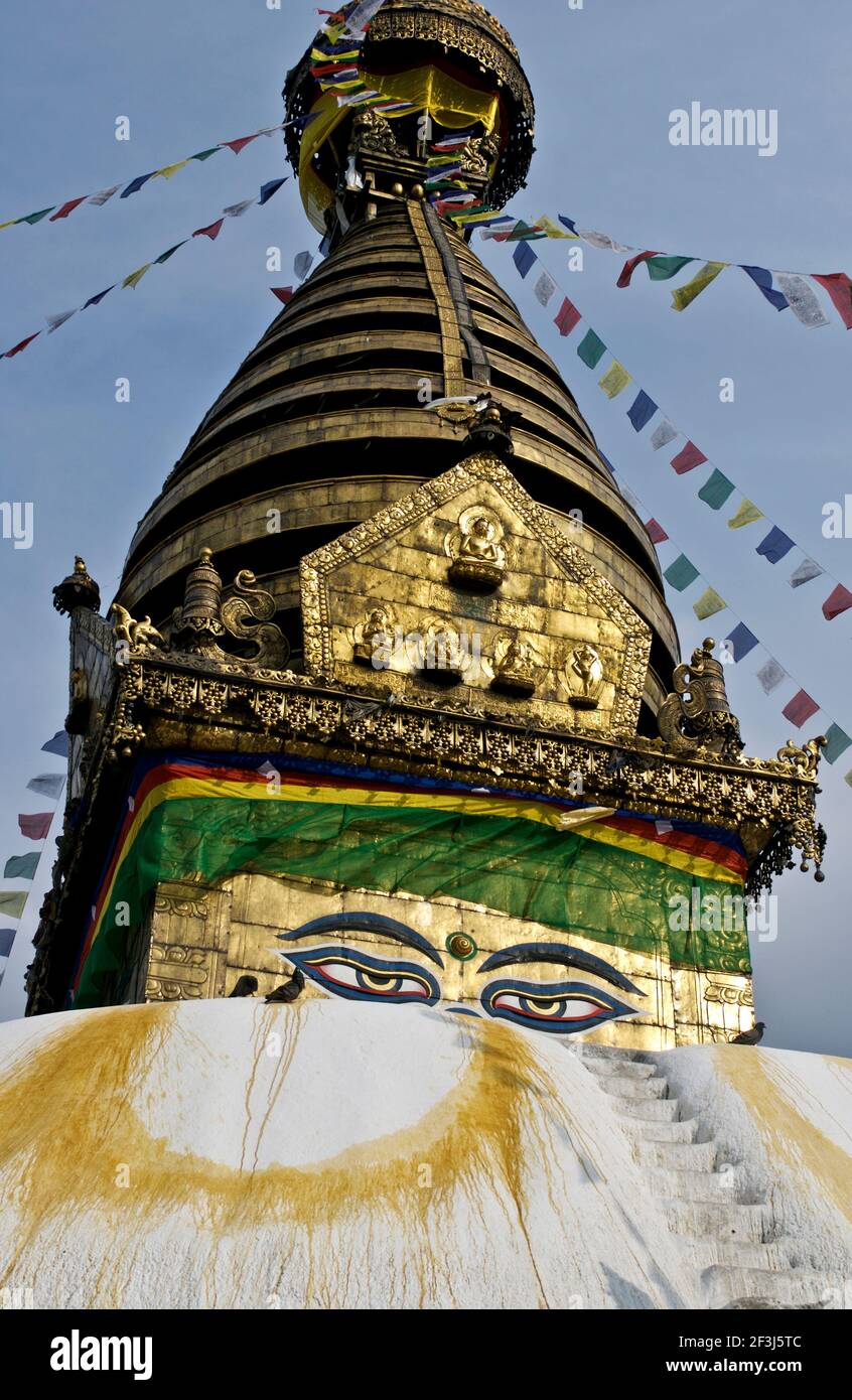 View of the Stupa with Budda eyes at the Swayambhunath Temple in Khatmandu, Nepal. Stock Photo
