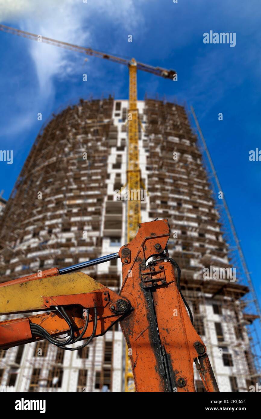 Part of a construction machine (excavator or crane) with multi-storey ...