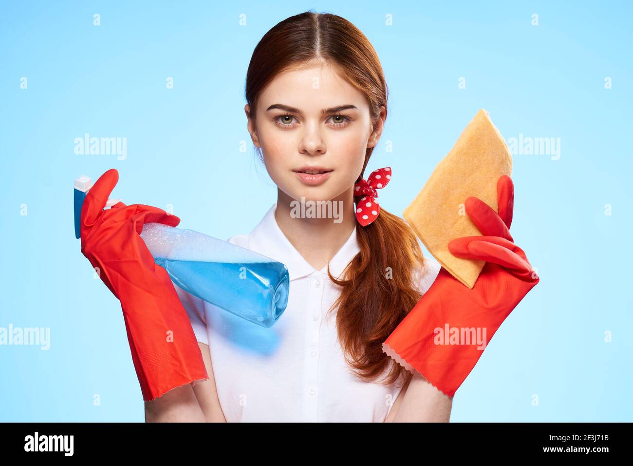 professional cleaning lady detergent rags service blue background Stock
