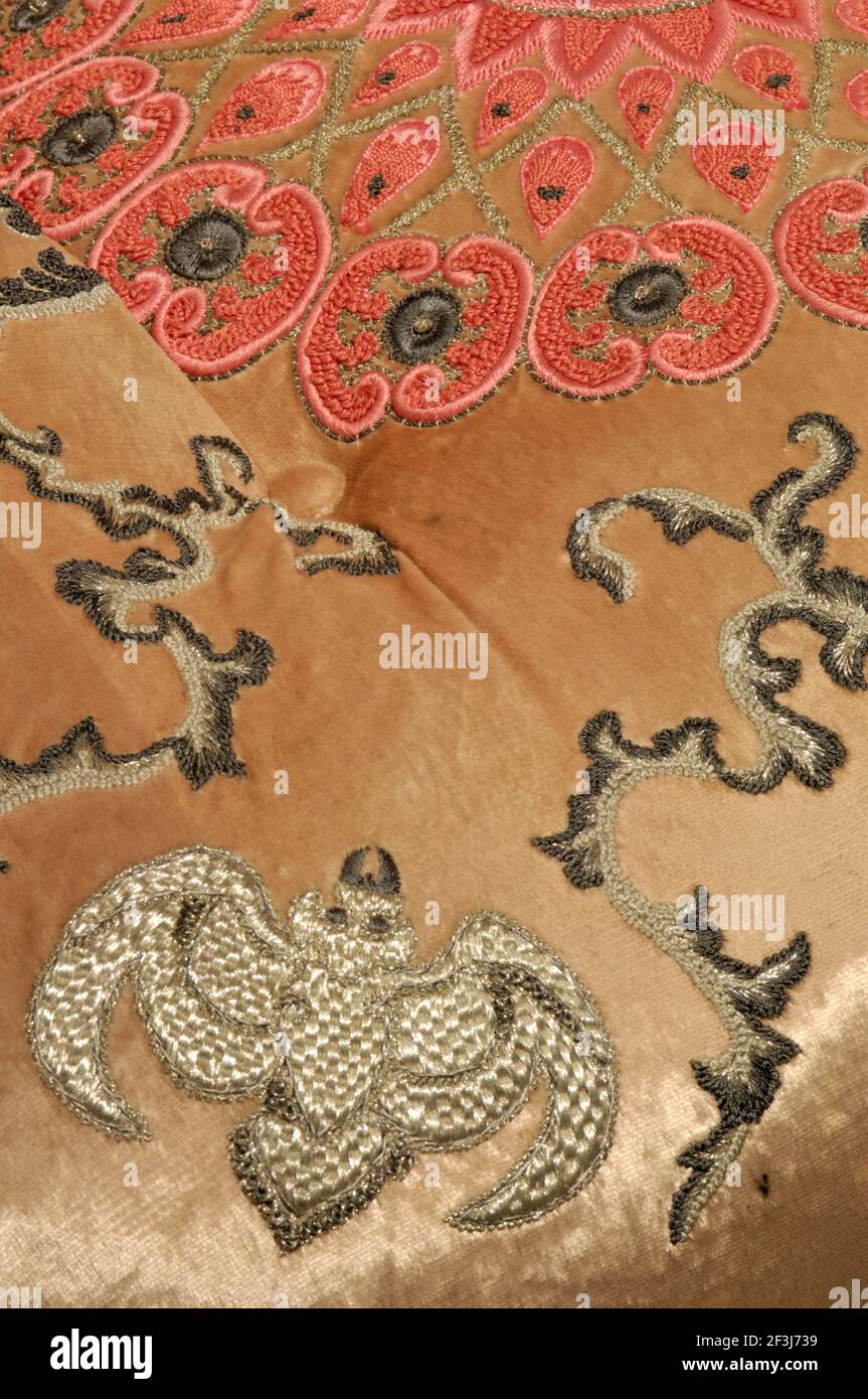Embroidery details of products from Contrasts Gallery, owned by Pearl Lam. Shanghai, China. Stock Photo