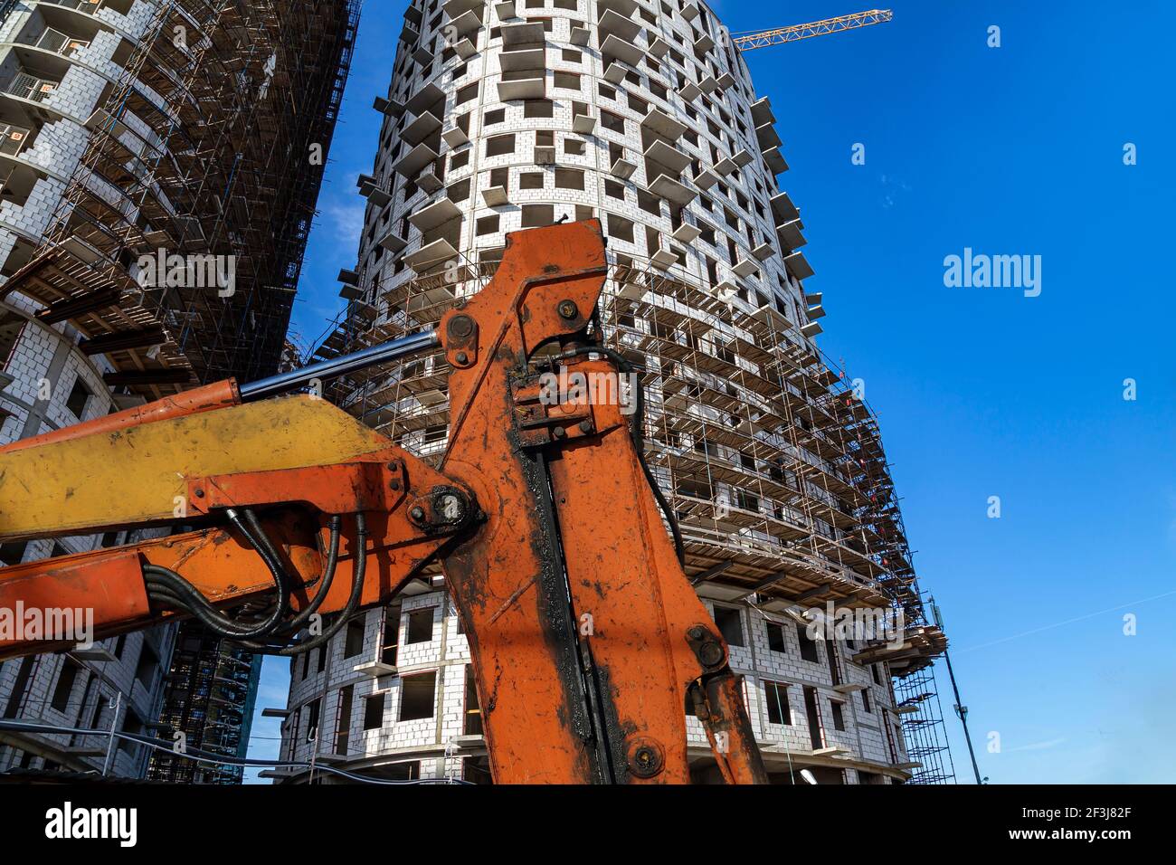 Part of a construction machine (excavator or crane) with multi-storey ...