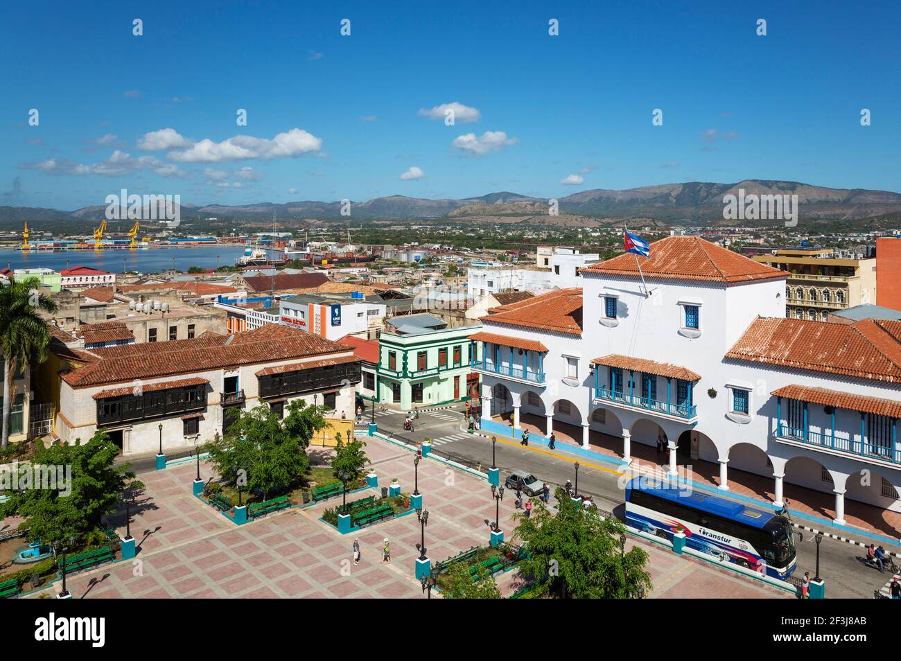 View of Santiago de Cuba, in the foreground the Parque CÃ©spedes with the town hall on the right and the Casa VelÃ¡zquez on the left, Santiage de Cuba, Cuba Stock Photo