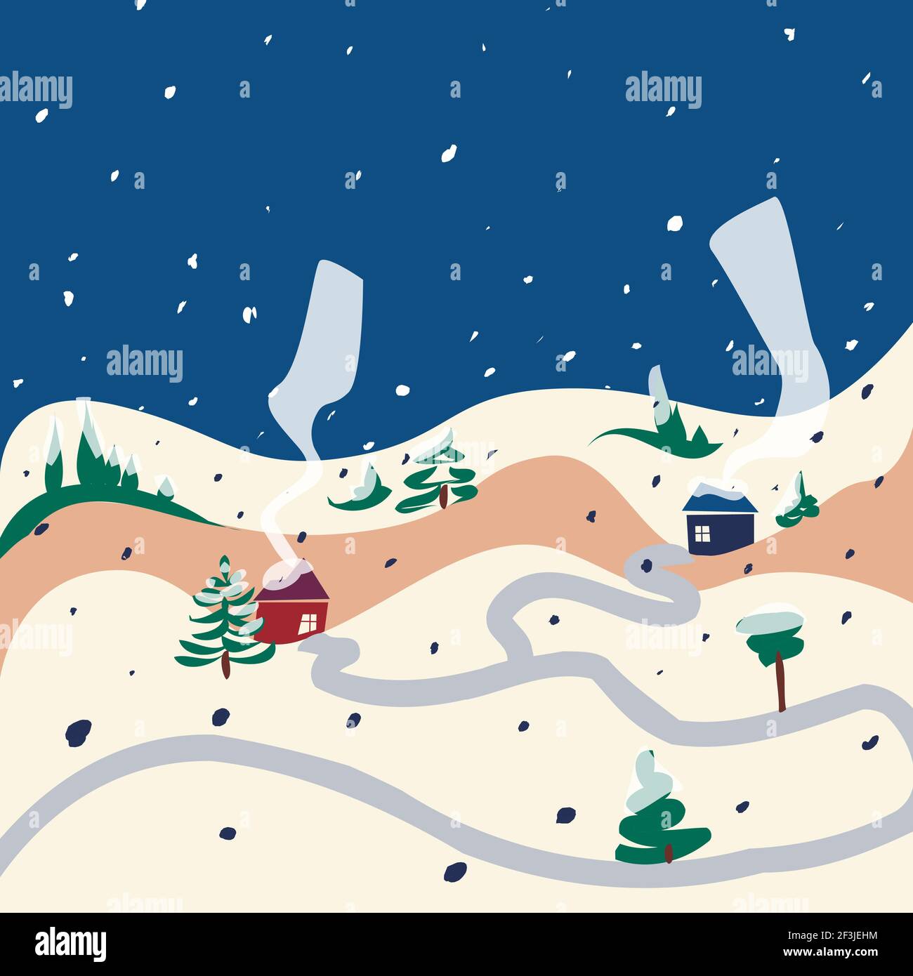 Winter snow hills house street nature landscape vector illustration. Flat, simple, cartoon. Stock Vector