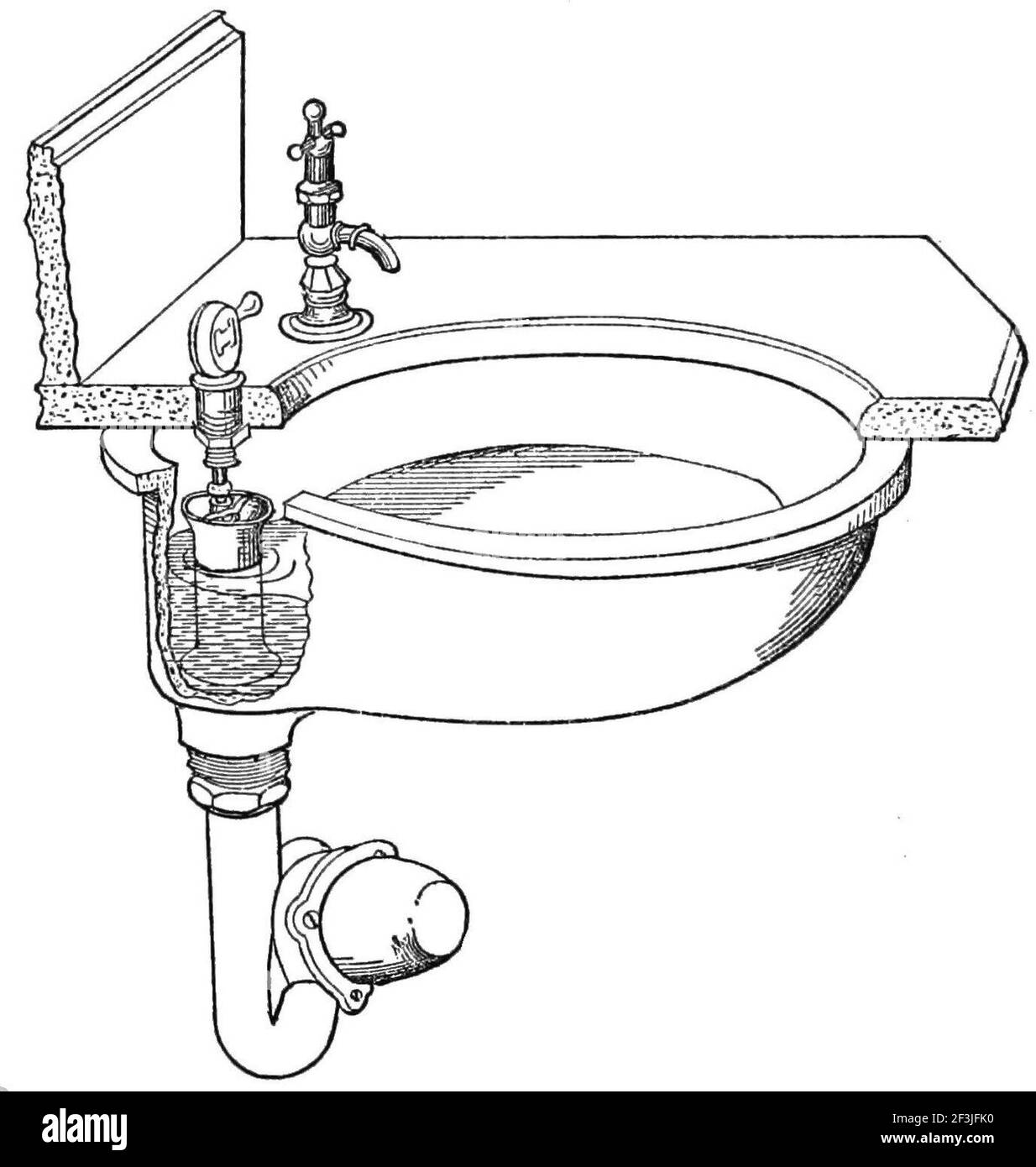 Proper arrangement of plumbing overflow and waste water trap Stock
