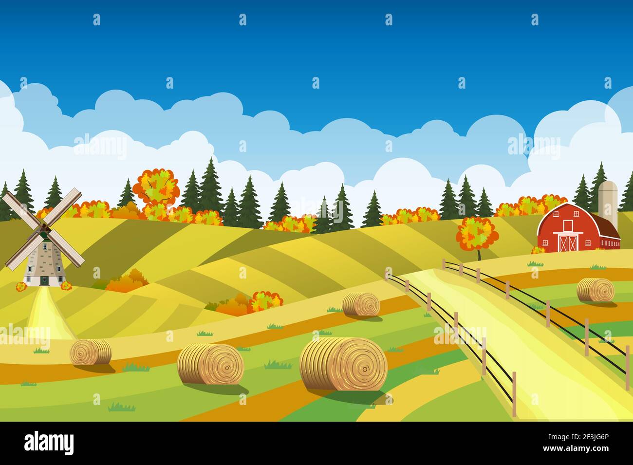 Countryside landscape with haystacks on fields. Stock Vector