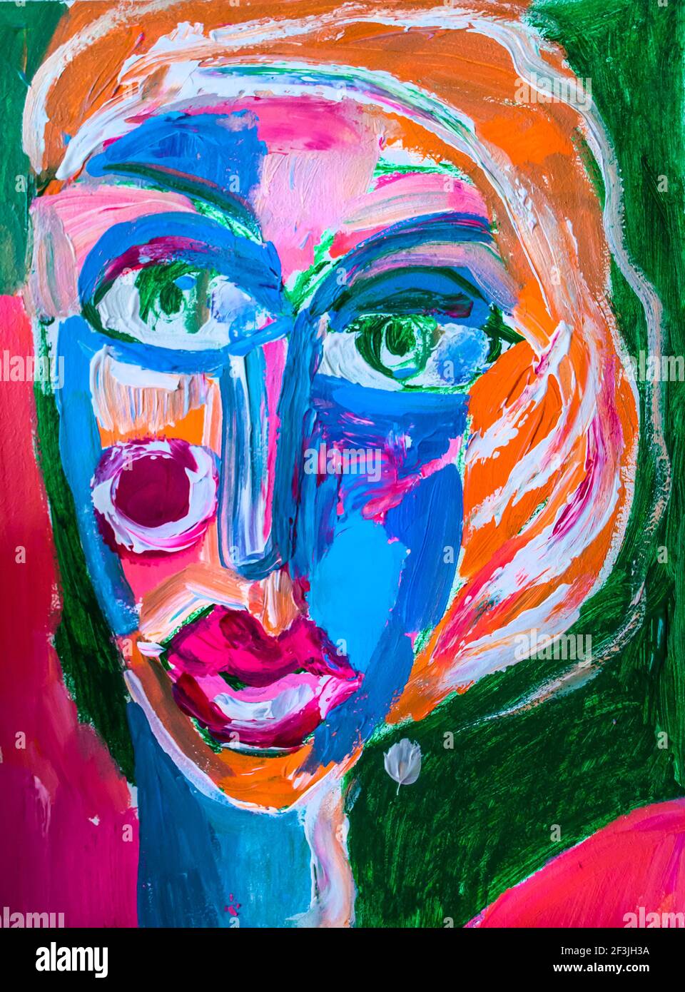 Painting acrylic canvas portrait of woman abstraction. Emotional flirtation, joy, coquetry. Stock Photo