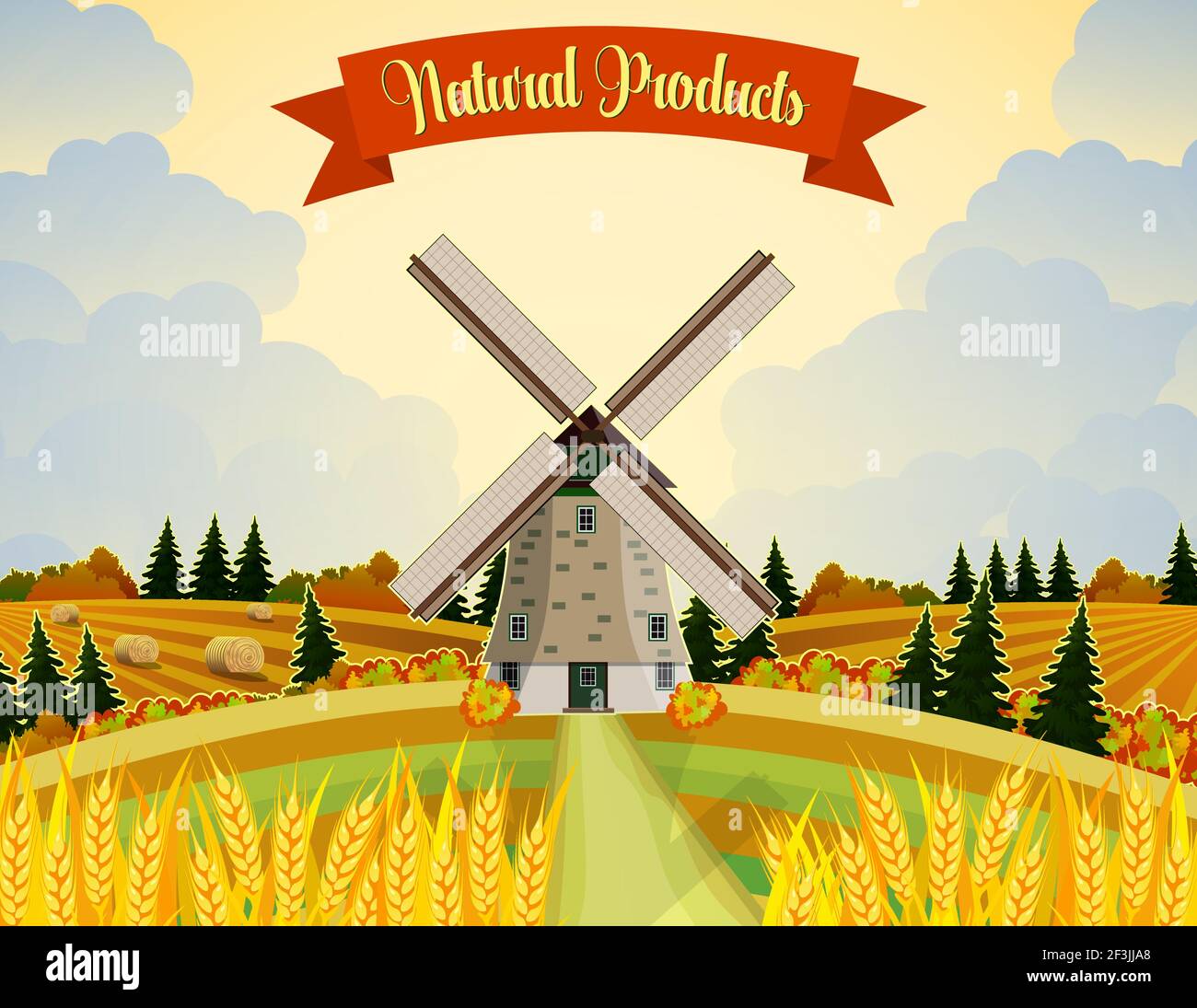 Countryside landscape with haystacks on fields. Stock Vector