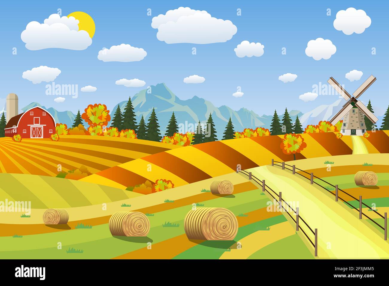 Countryside landscape with haystacks on fields. Stock Vector