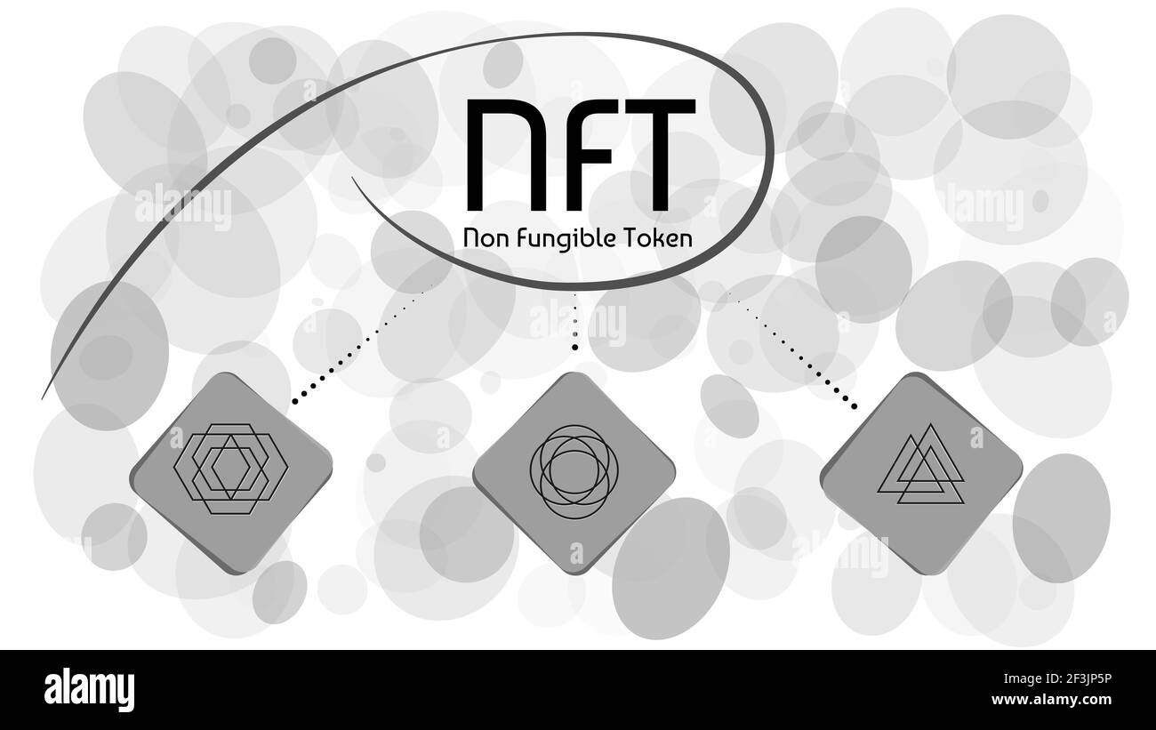 NFT non fungible tokens infographics on abstract white background. Pay for unique collectibles in games or art. Stock Photo