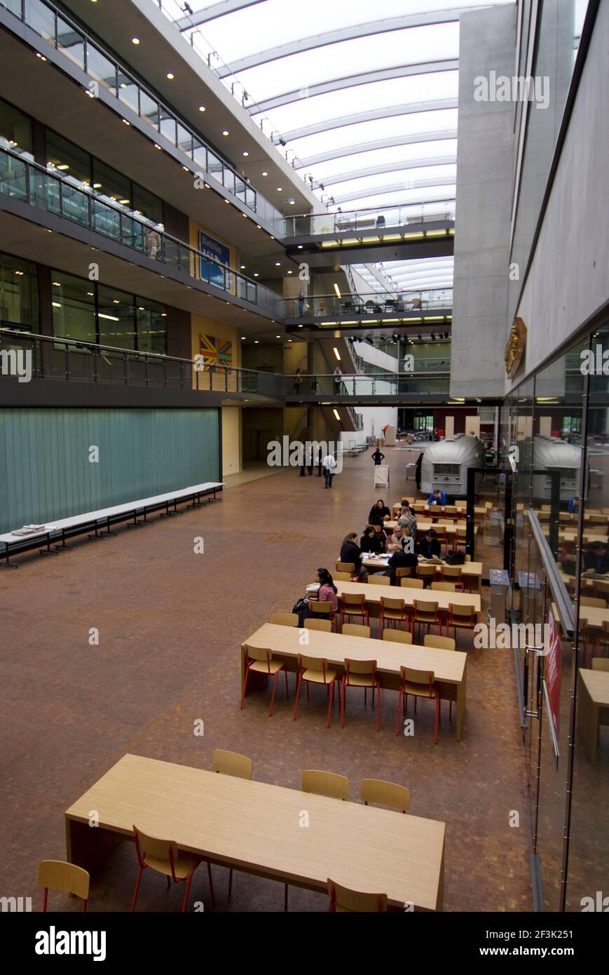 Tables of the canteen in the main foyer of Central Martin's College of Art, UAL, King's Cross