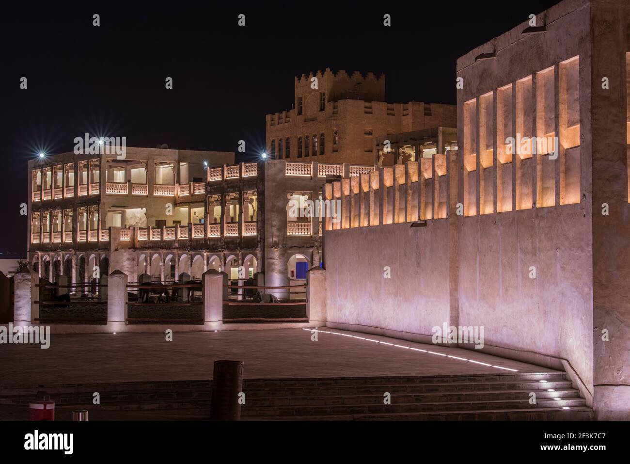 Doha,Qatar- March 04,2022 : Night views of the traditional Arabic architecture of market Souk Waqif. Stock Photo