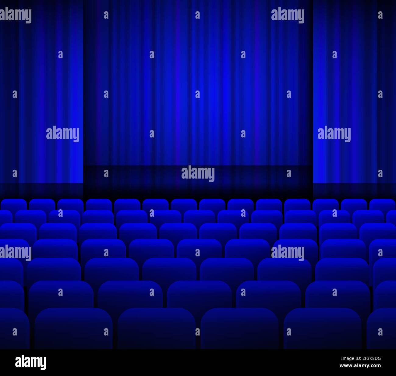 Open theater blue curtains with light and seats. Stock Vector