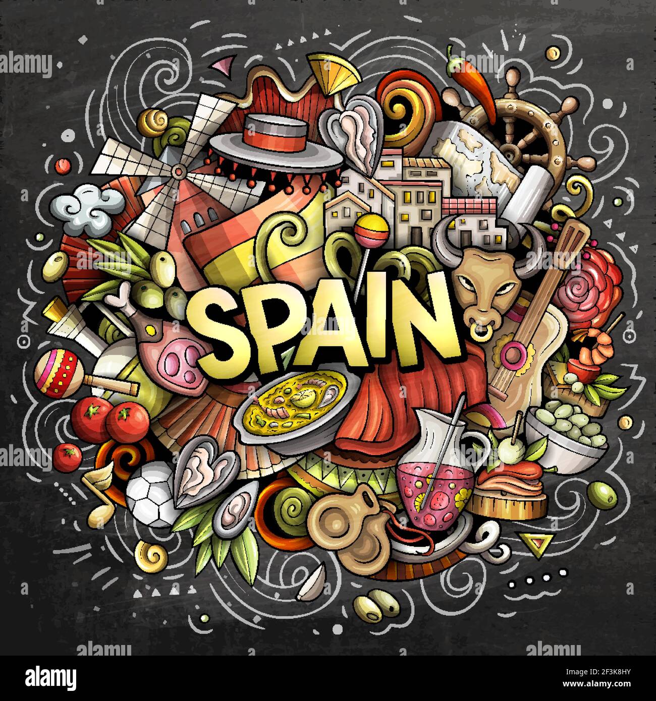 Spain hand drawn cartoon doodle illustration. Funny Spanish design