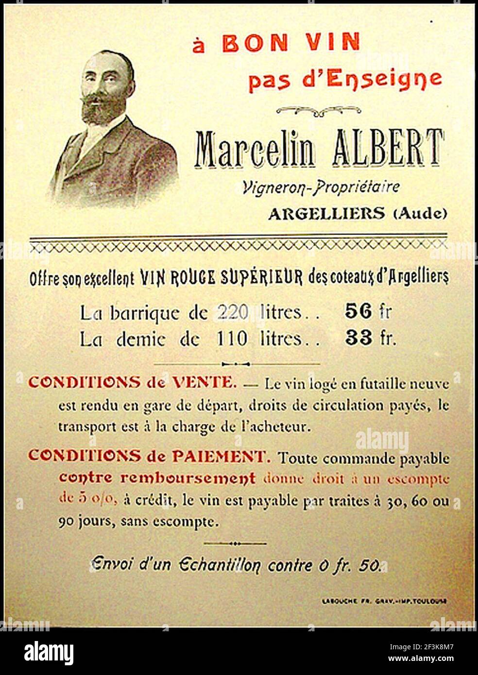 Publicité pour les vins de Marcelin Albert Archives municipales de Narbonne. Stock Photo