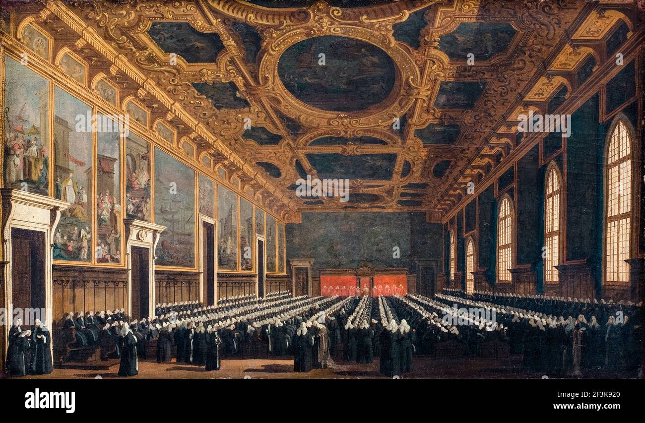 The Doge and the Grand Council meeting in the Sala del Maggior Consiglio in the Doge's Palace, Venice, painting by Canaletto, 1760-1765 Stock Photo